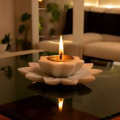 Marble Lotus Tray with Star-Shaped Brass Diya – Elegant Combo Set