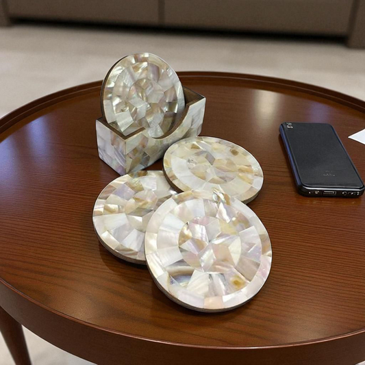 Mother of Pearl Wooden Inlay Coaster Set (with Holder)