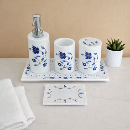 Classic Floral White & Blue Marble Vanity Set