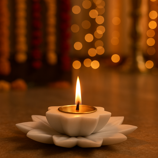 Marble Lotus Tray with Star-Shaped Brass Diya – Elegant Combo Set
