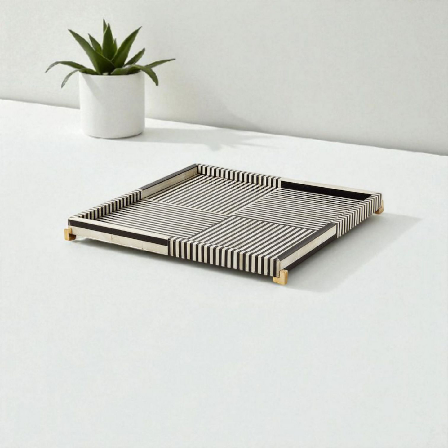 Striped Wooden Mother of Pearl Serving Tray