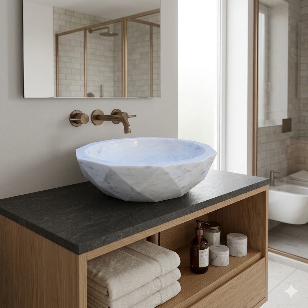 JJM-Luxury White Marble Faceted Wash Basin | Handcrafted Bathroom Sink | Premium Stone Vanity Bowl