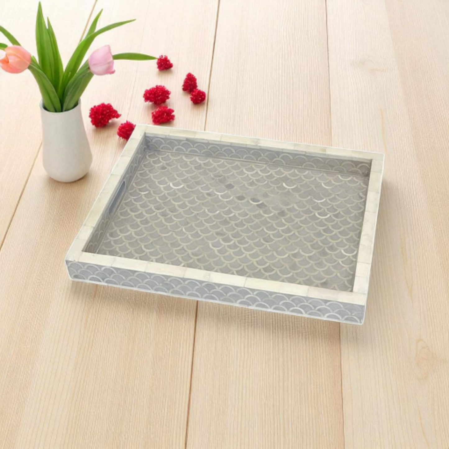 Elegant Grey Wooden Mother of Pearl Accent Tray