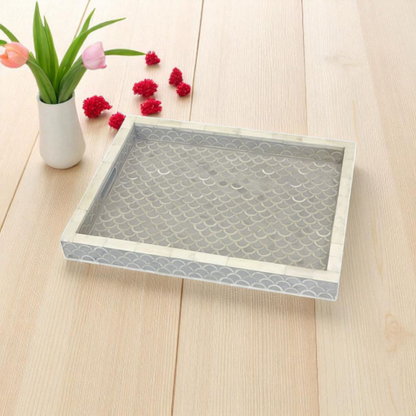 Elegant Grey Wooden Mother of Pearl Accent Tray
