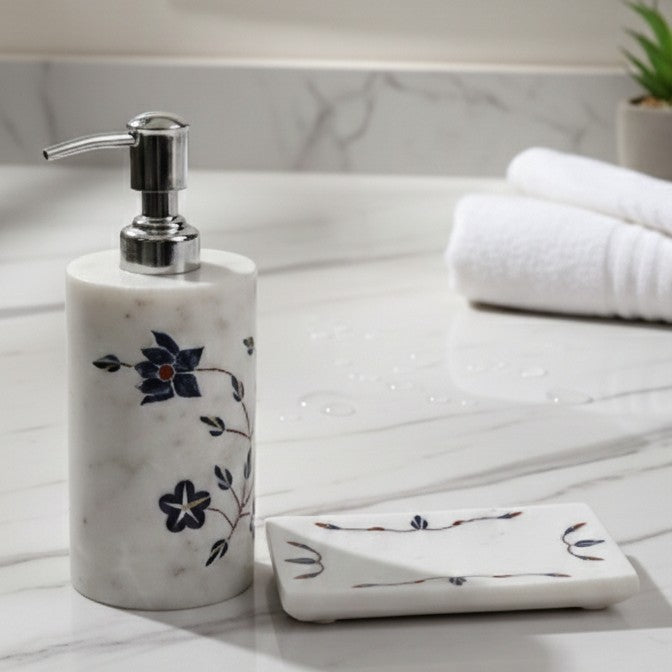 Classic Floral White & Blue Marble Vanity Set