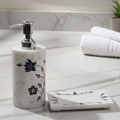 Classic Floral White & Blue Marble Vanity Set