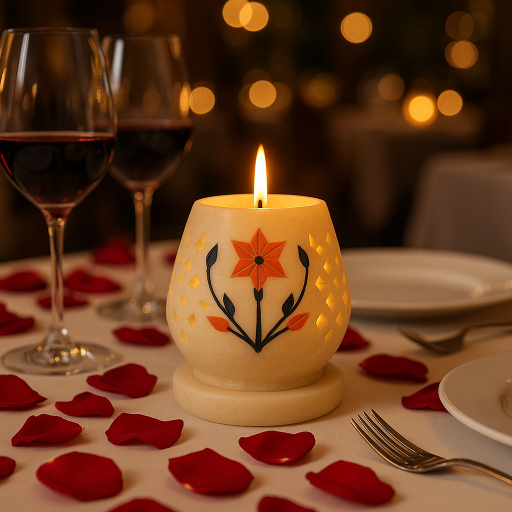 Mughal Garden Inlay Marble Tea Light Holders with Base