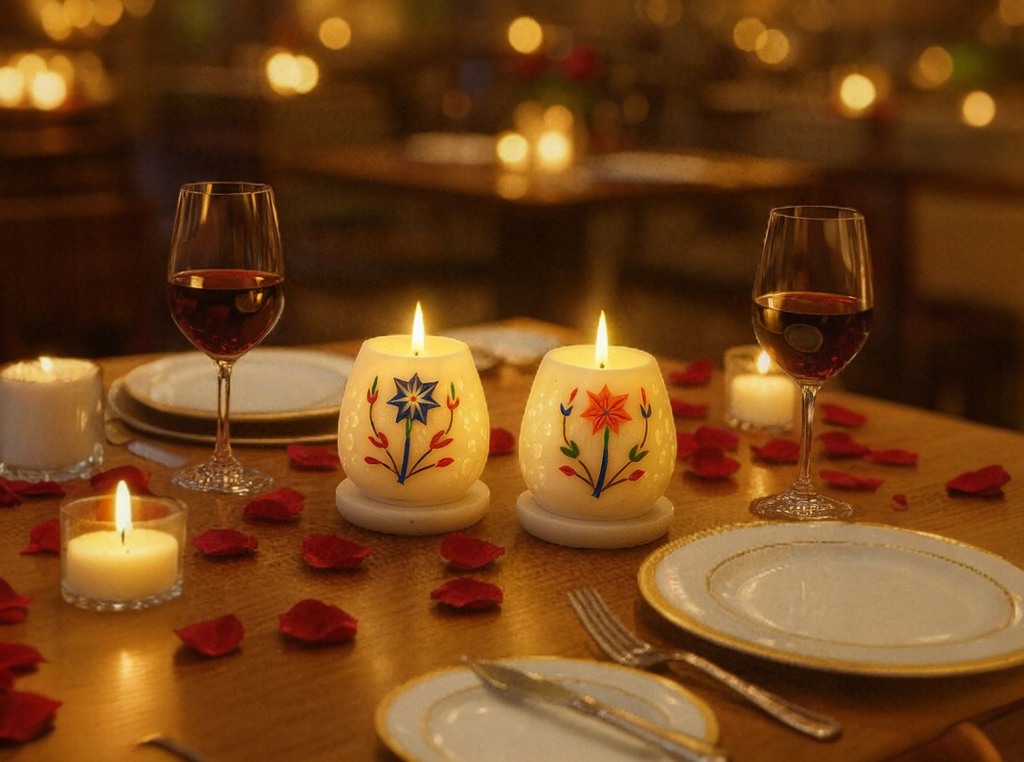 Mughal Garden Inlay Marble Tea Light Holders with Base