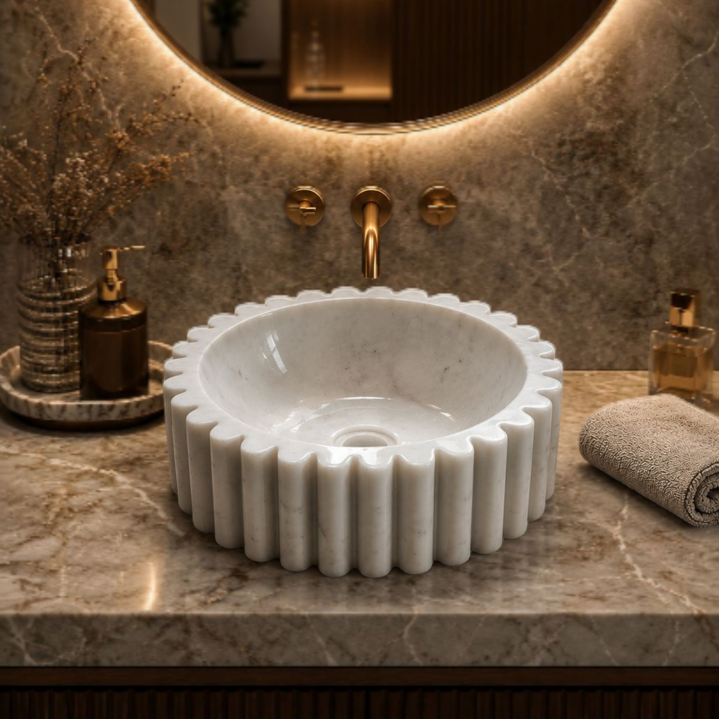 JJM-Fluted White Marble Round Basin