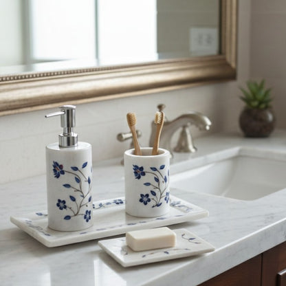 Classic Floral White & Blue Marble Vanity Set