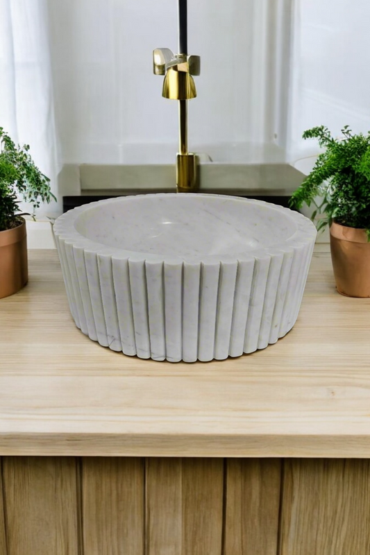Fluted White Marble Round Basin