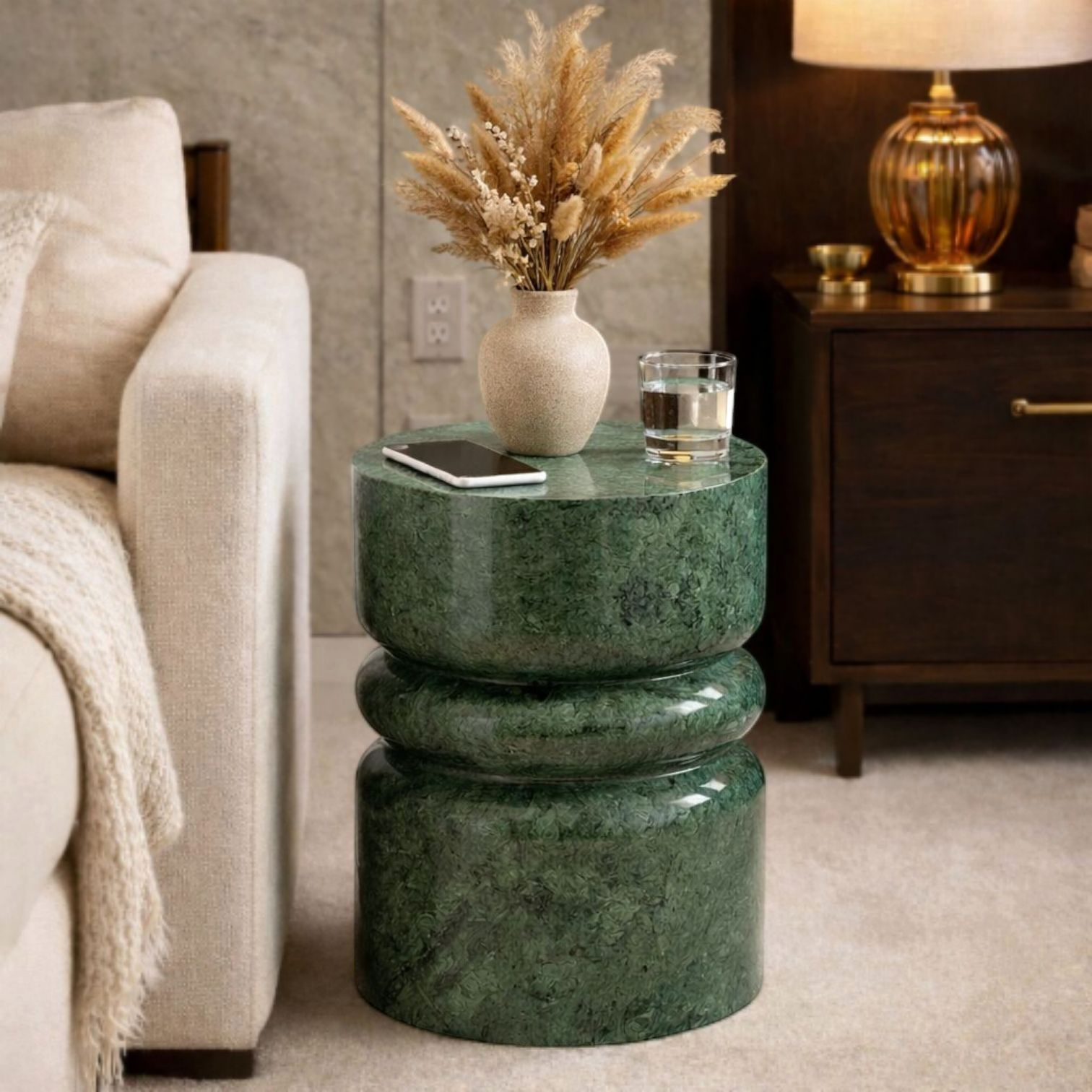 Luxury Green Marble Pedestal Side Table