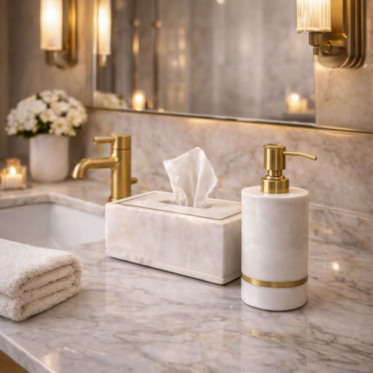 Premium White Marble With Brass Inlay Bathroom Combo