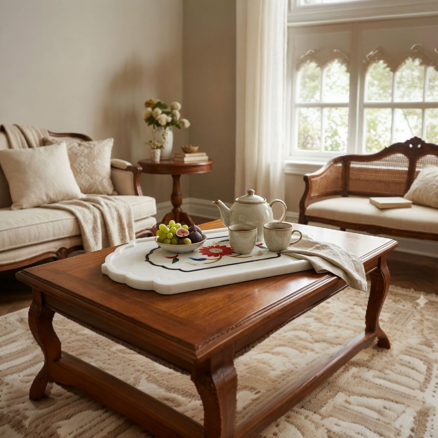 Mayura Floral Inlay Marble Tray