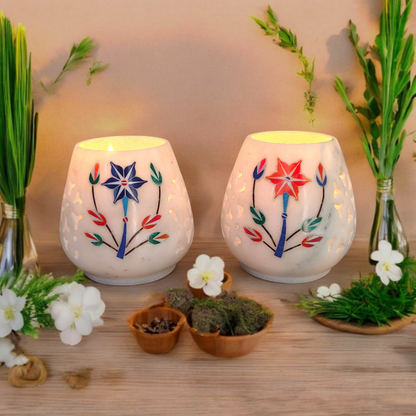 Heritage Blossom Inlay Marble Tea Light Holders