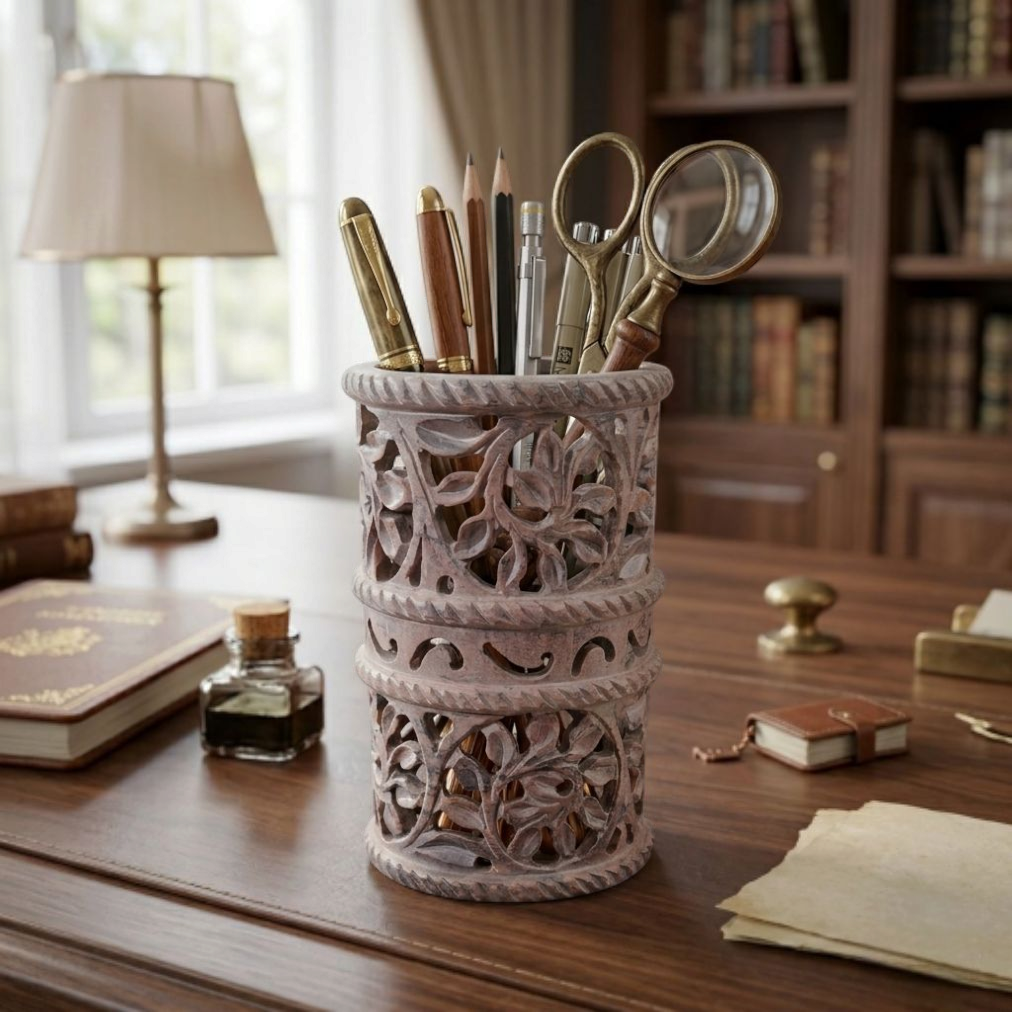Handcrafted Stone Pen Stand with Floral Design