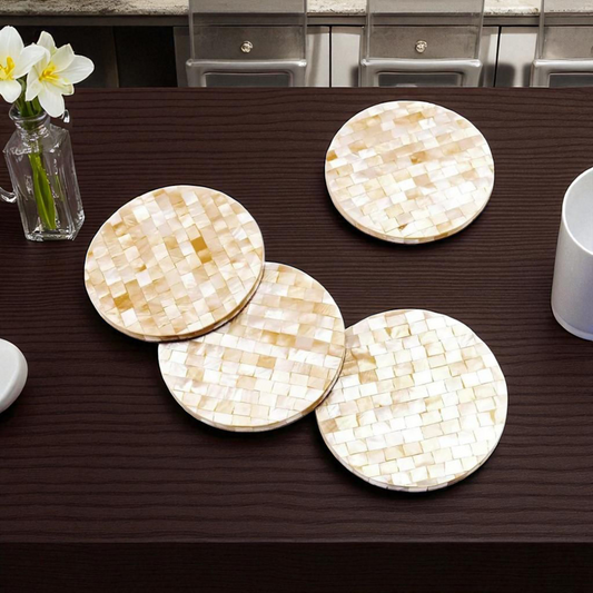 Mother of Pearl Round Wooden Inlay Coaster Set