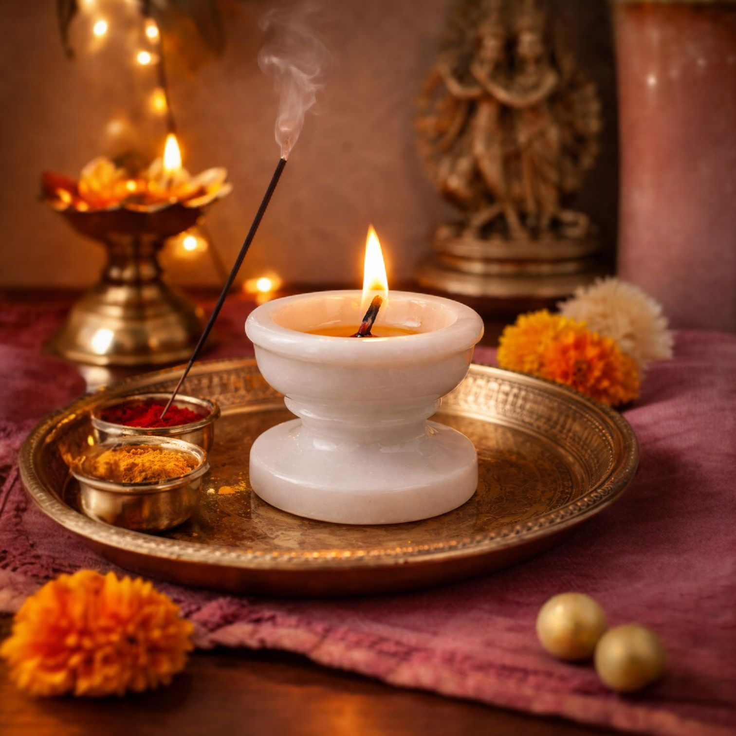 White Marble Diya & Dhoop Holder for Puja