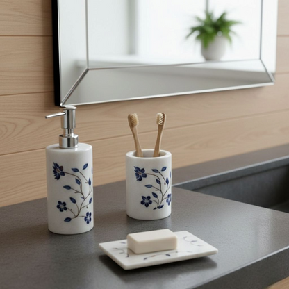 Classic Floral White & Blue Marble Vanity Set