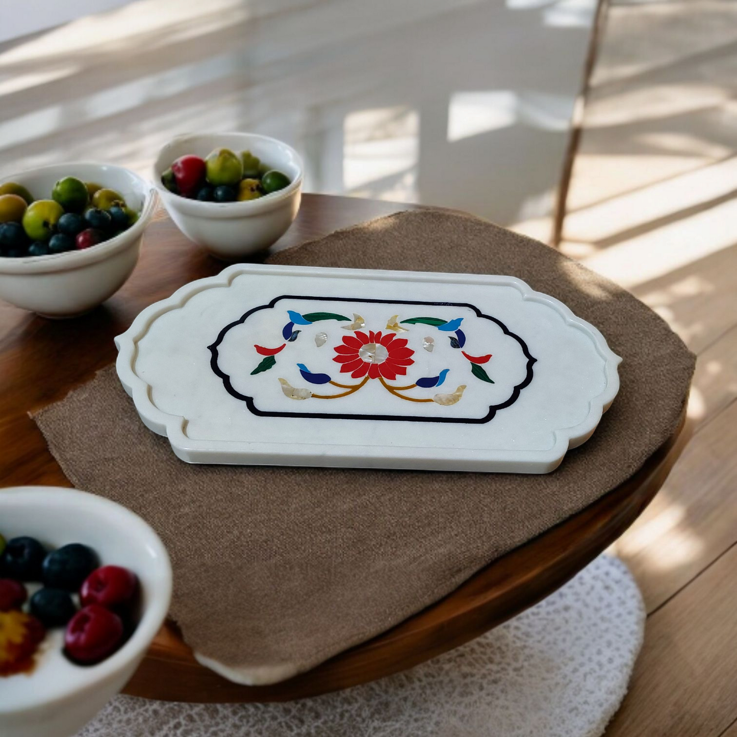 Mayura Floral Inlay Marble Tray