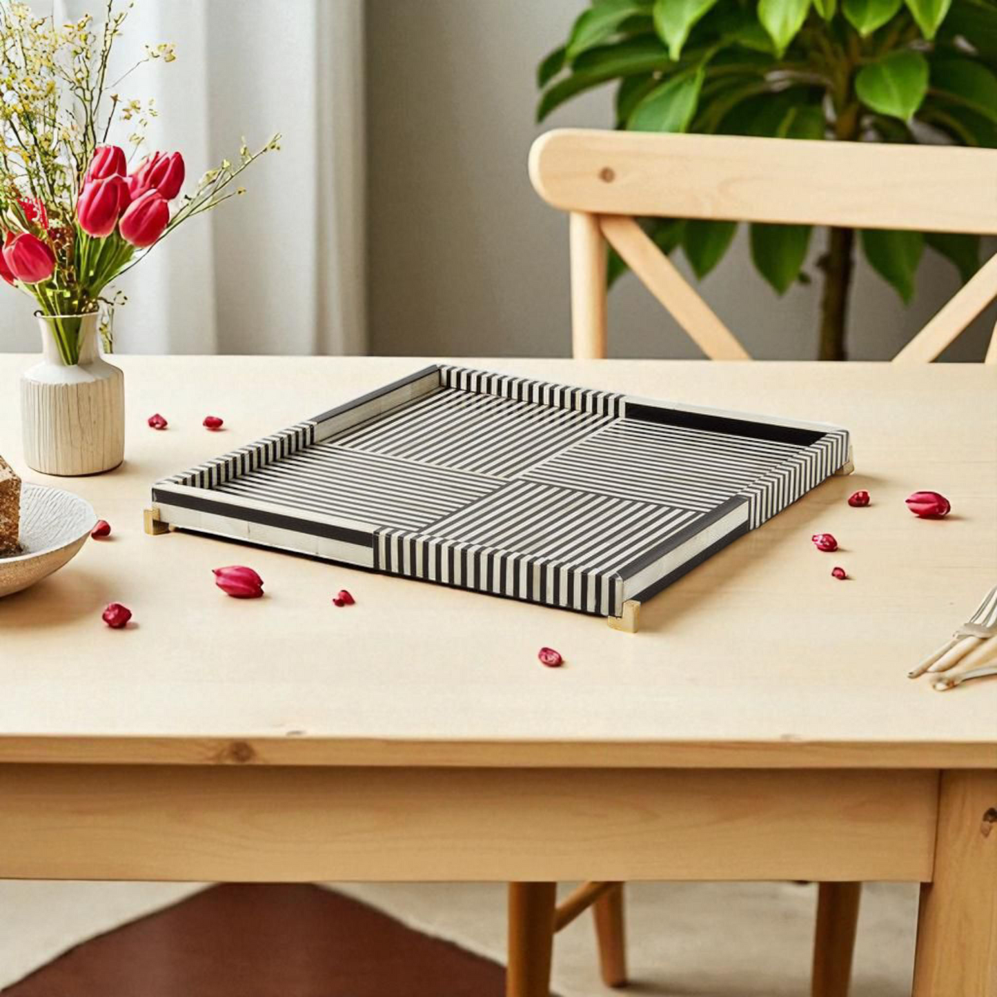 Striped Wooden Mother of Pearl Serving Tray