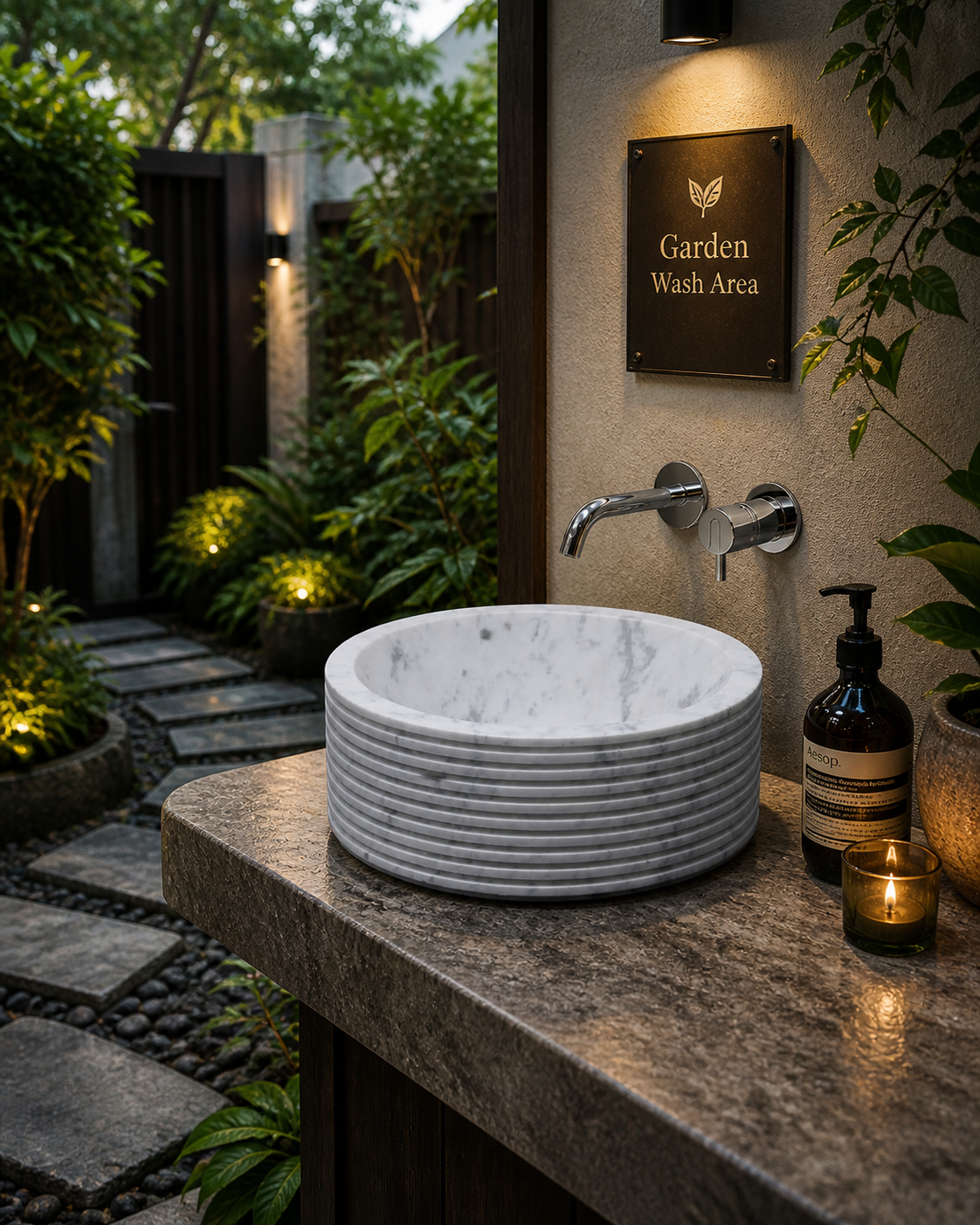 Spiral Carved White Marble Basin
