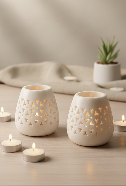 Ivory Glow Carved Marble Stone Tea Light Holders