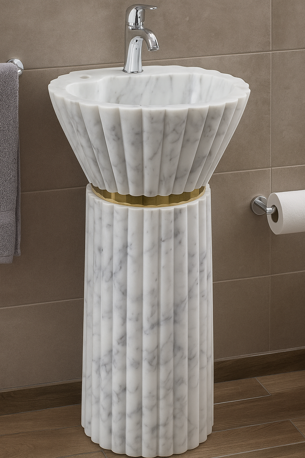 JJ - PB 01 Marble Pedestal Basin with Brass Accent