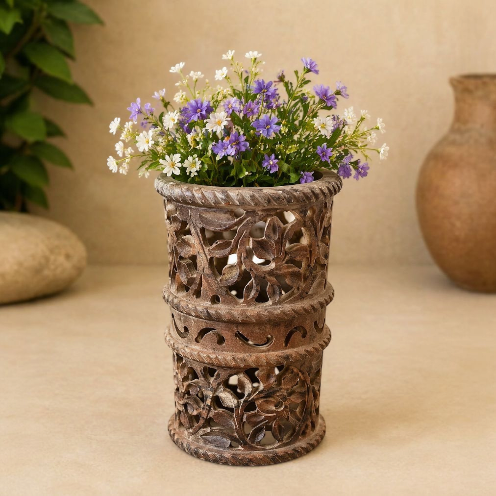 Handcrafted Stone Pen Stand with Floral Design