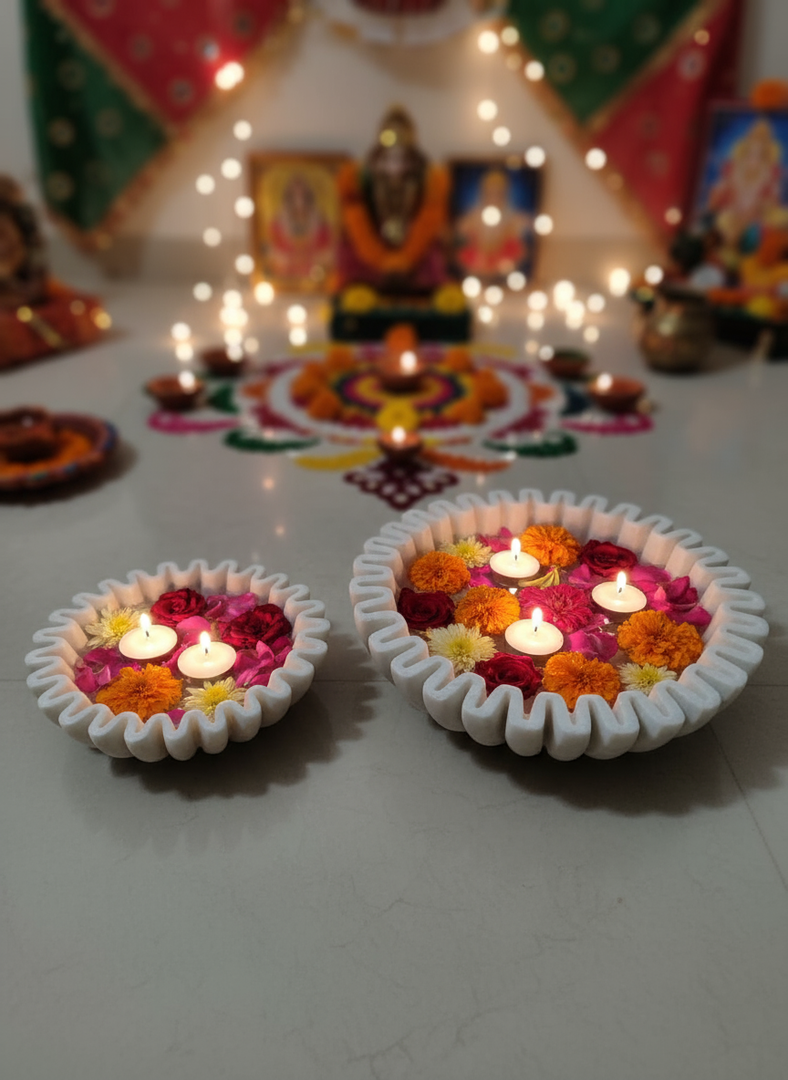 White Round Ruffle Marble Scalloped Bowl