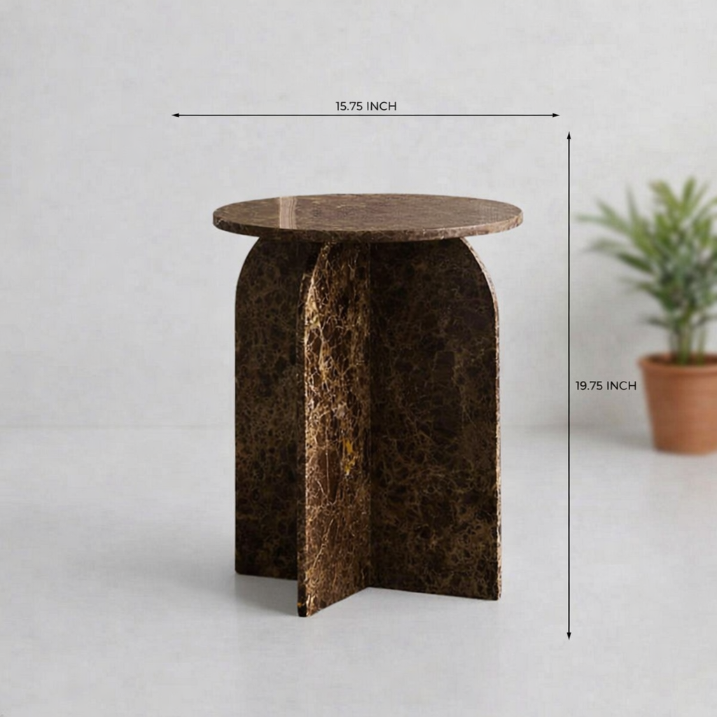 Round Brown Marble Accent Side Table | Modern Stone Furniture