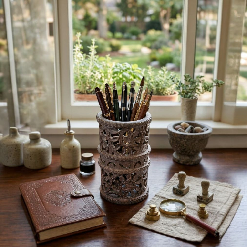 Handcrafted Stone Pen Stand with Floral Design