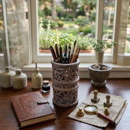 Handcrafted Stone Pen Stand with Floral Design