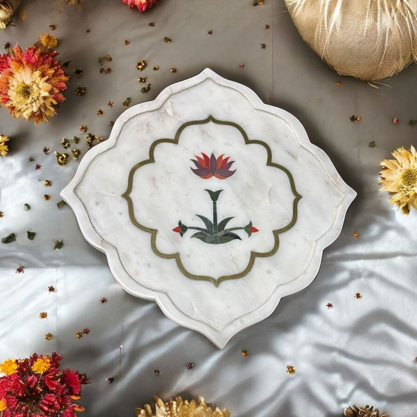 Heritage Lotus Marble Pooja & Decor Tray