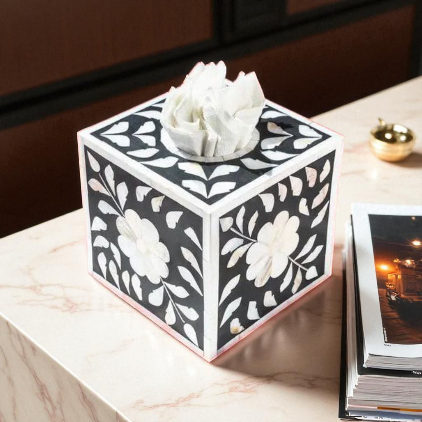 Ornate Charm Wooden Tissue Box In Mother of Pearl