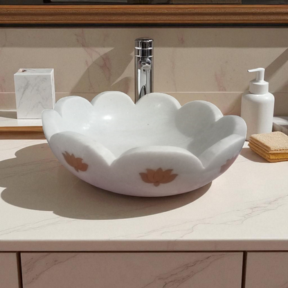White Marble Scalloped Basin with Lotus Inlay Design