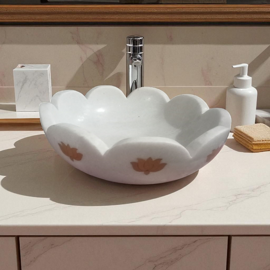 White Marble Scalloped Basin with Lotus Inlay Design