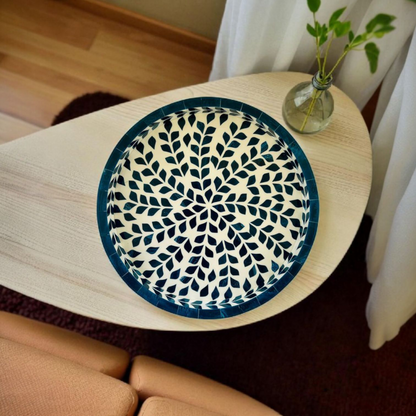 Blue Leaf Wooden Mother of Pearl Round Tray