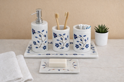 Classic Floral White & Blue Marble Vanity Set