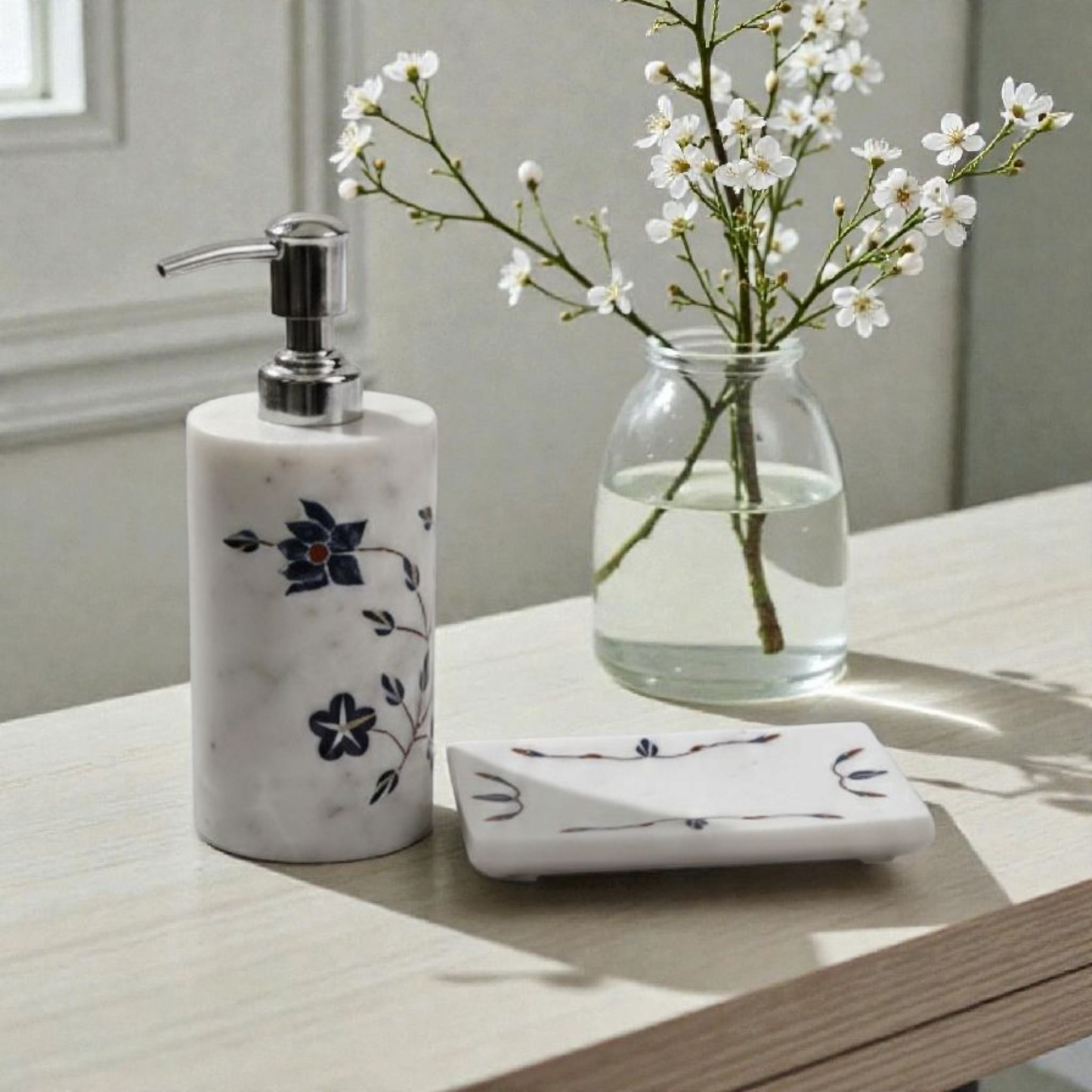 Blue Floral Pacchakari Marble Soap Dispenser & Soap tray
