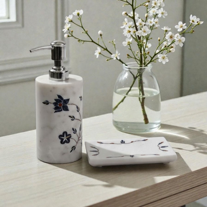 Blue Floral Pacchakari Marble Soap Dispenser & Soap tray