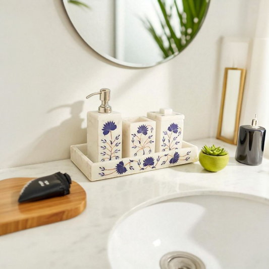 Blue Floral Inlay Marble Bathroom Dispenser Set