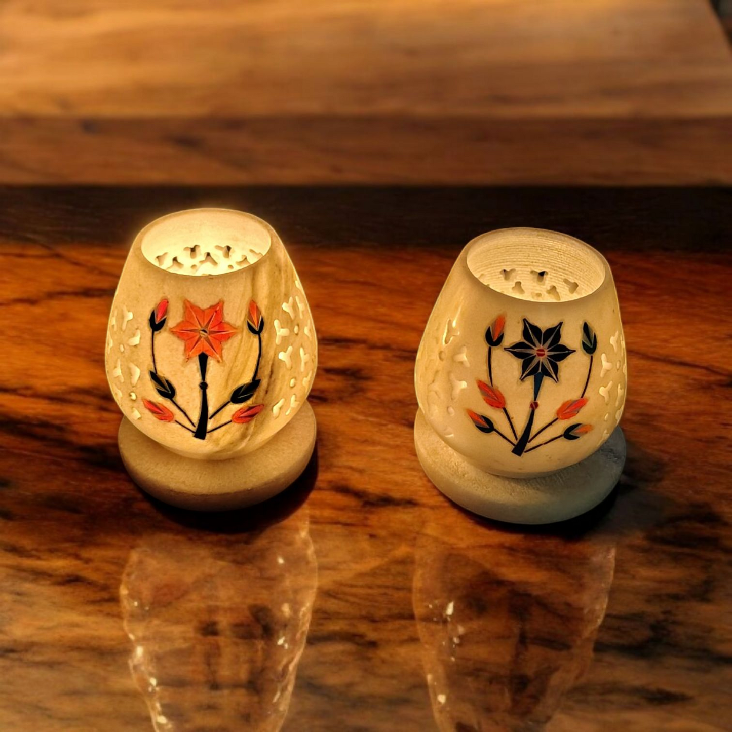 Mughal Garden Inlay Marble Tea Light Holders with Base