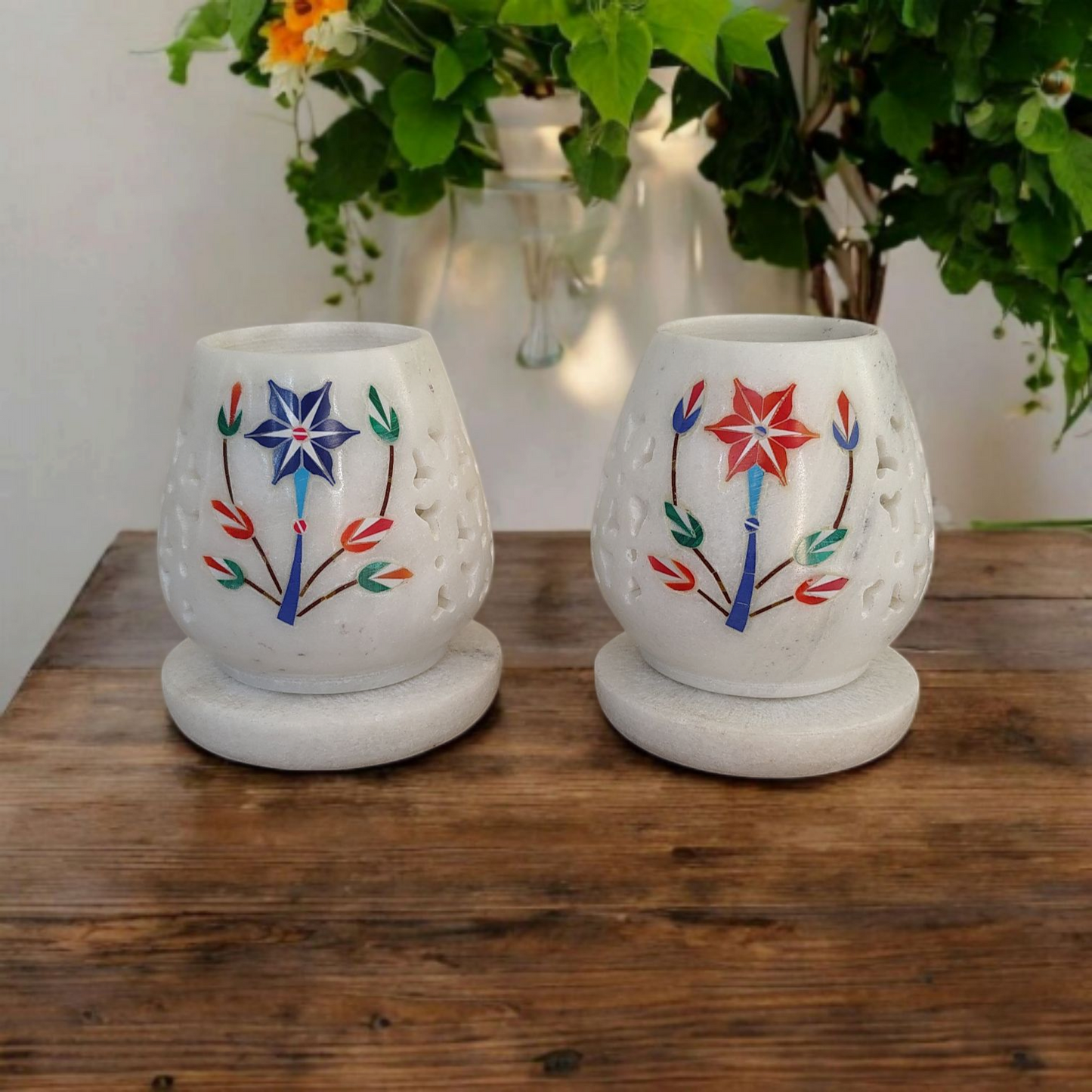 Mughal Garden Inlay Marble Tea Light Holders with Base