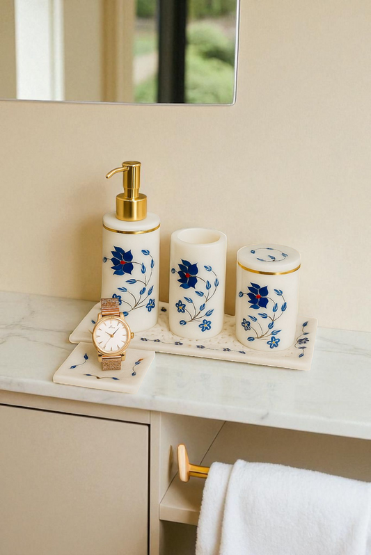 Classic Floral White & Blue Marble Vanity Set