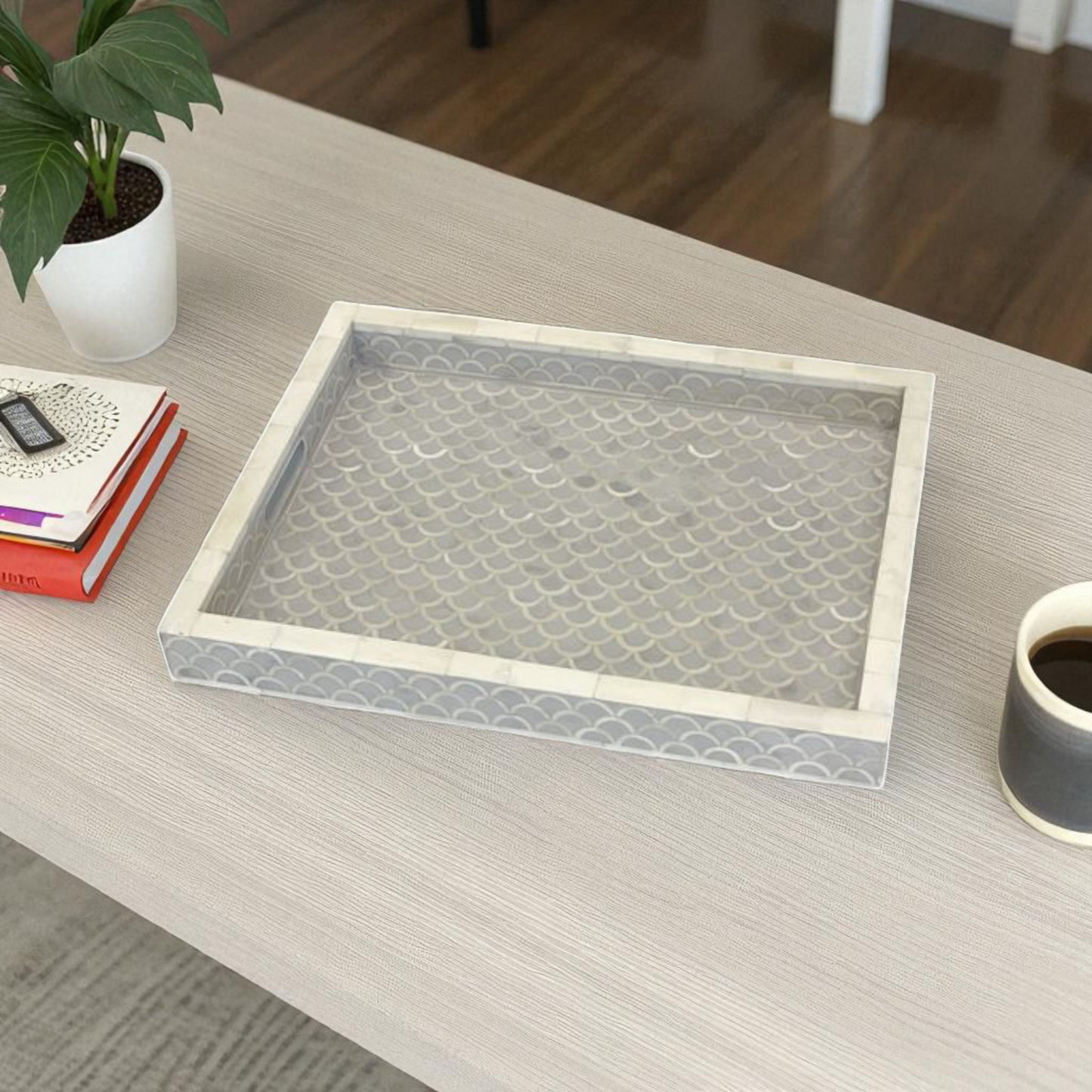 Elegant Grey Wooden Mother of Pearl Accent Tray